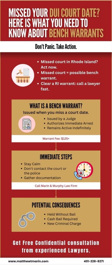 Infographic: What to do if you missed your DUI court date in Rhode Island - steps include contacting an attorney, gathering documentation, voluntary surrender with counsel, and motion to vacate the bench warrant